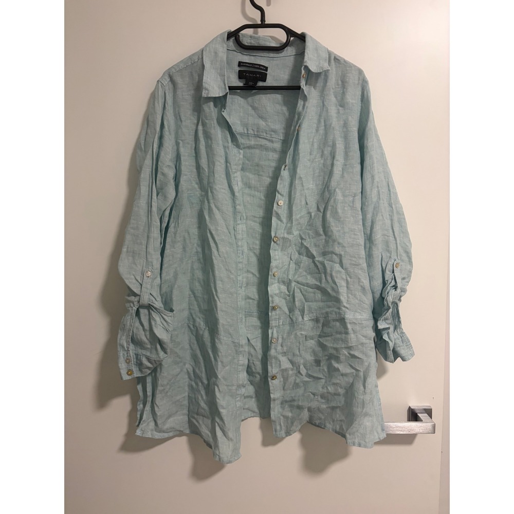 Tahari Essentials 100% Linen Button Down Shirt Aqua Blue Resortwear Womens M